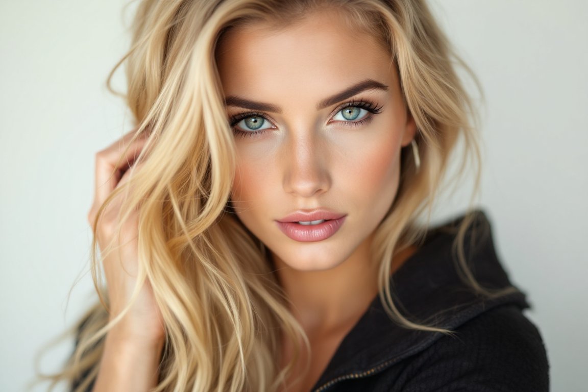 Close-up portrait of a blonde woman on a soft gray background—example output from GainPilot